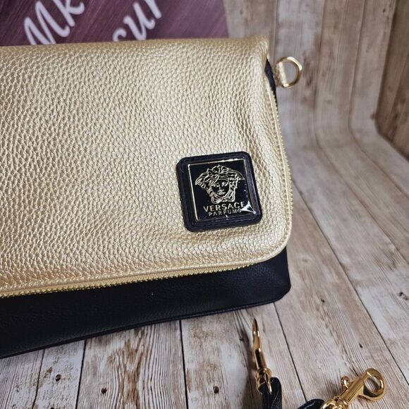 VERSACE Gold Black Faux Leather Clutch Crossbody Bag - Picture 2 of 9